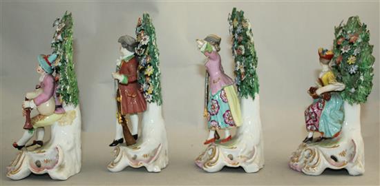 Collection of six Continental Chelsea style porcelain figures, 19th century, largest 17.5cm, smallest 10cm